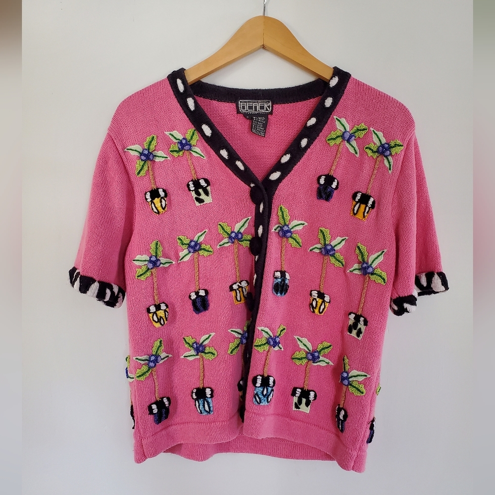 Vintage Pink Cardigan with Palm Tree/Garden Pot Embroidery